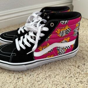Vans High-Top Sneakers - Black and Pink Flames
